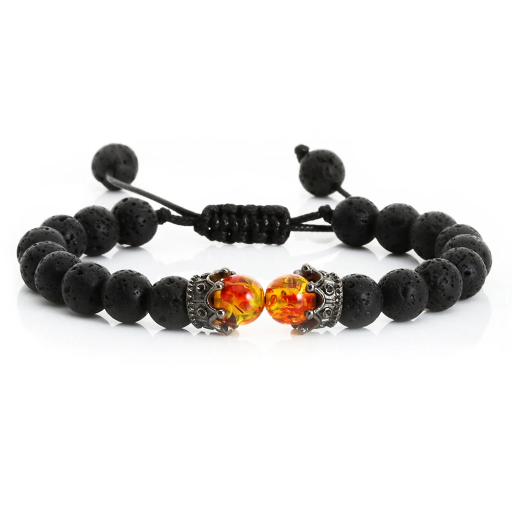 Black Lava Stone Crown Charm Tiger Eye Beads Bracelet for Men Women Braided Bracelets Handmade Adjustable Jewelry Pulseira