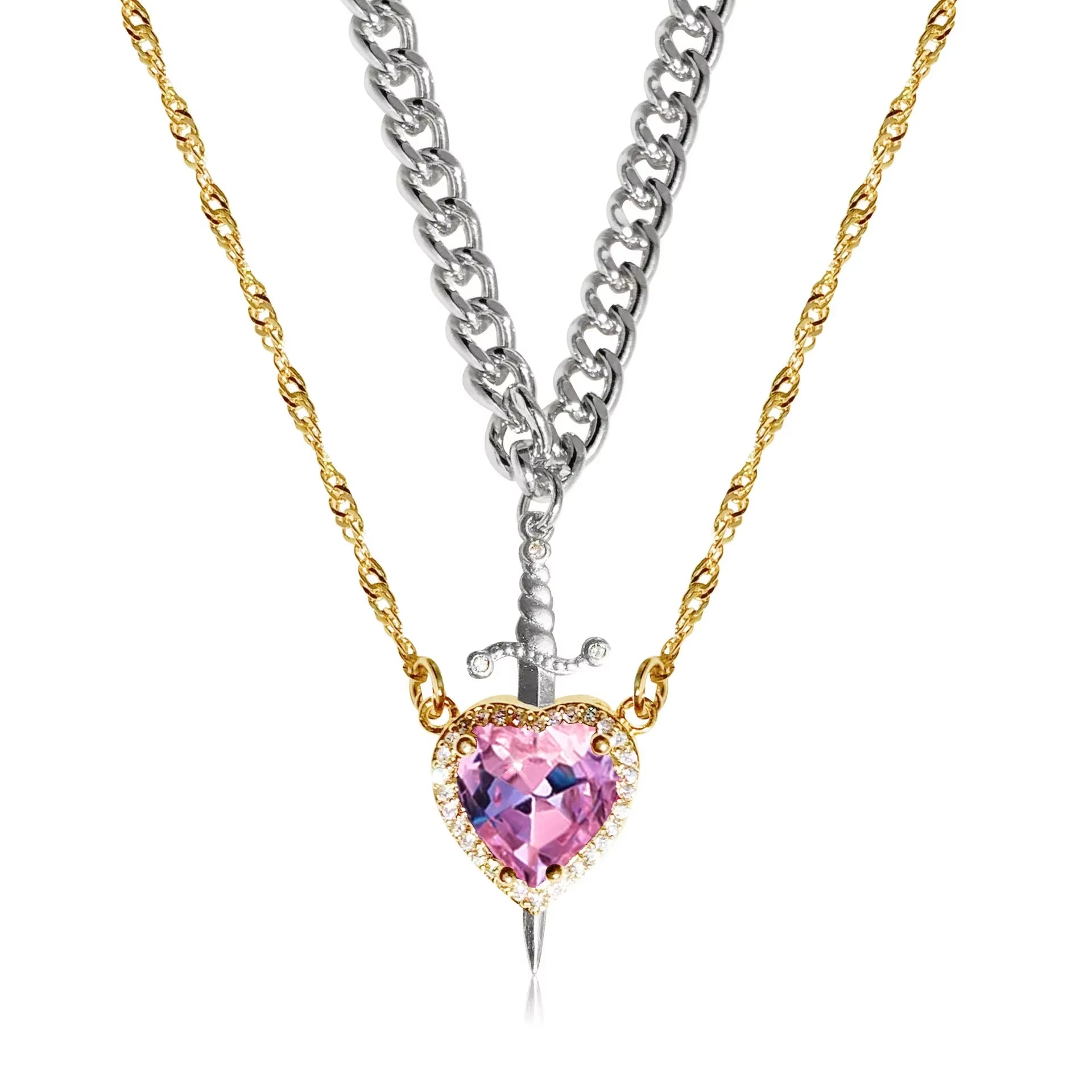 2Pcs Can Be Assembled Heart and Sword Zircon Pendant Necklace for Women Men Couple Silver Gold Plated Choker Chain Jewelry