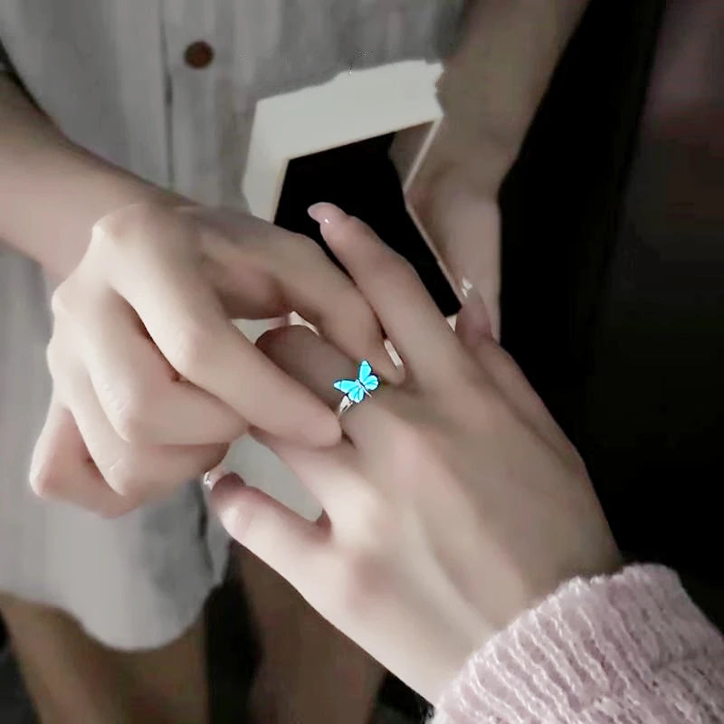 925 Sterling Silver Fluorescent Bright Butterfly Resizable Opening Ring for Women Fine Jewelry RI1470