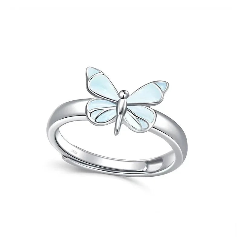 925 Sterling Silver Fluorescent Bright Butterfly Resizable Opening Ring for Women Fine Jewelry RI1470