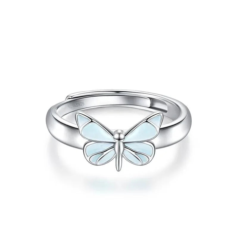 925 Sterling Silver Fluorescent Bright Butterfly Resizable Opening Ring for Women Fine Jewelry RI1470
