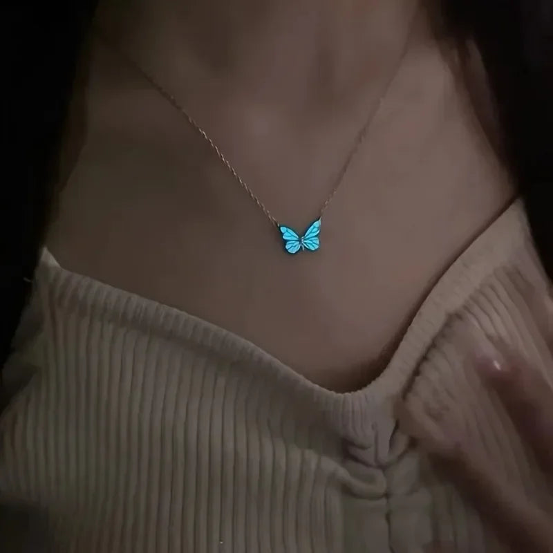 2025 New Butterfly Lamp Necklace Female Simple Light Luxury Fashion New Blue Luminous Butterfly Clavicle Chain Female Party Gift