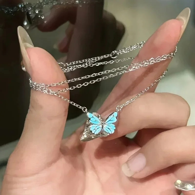 2025 New Butterfly Lamp Necklace Female Simple Light Luxury Fashion New Blue Luminous Butterfly Clavicle Chain Female Party Gift