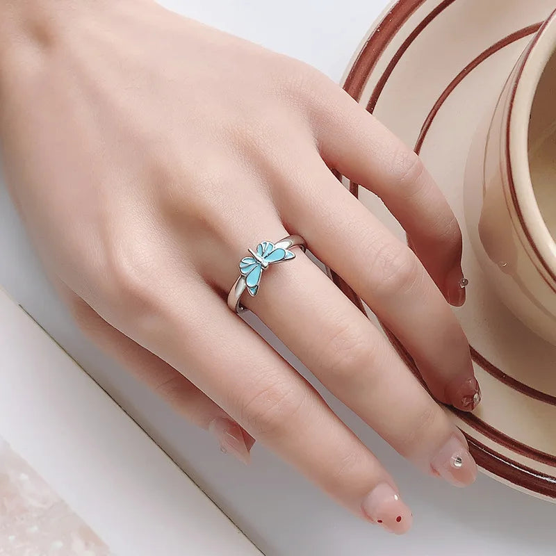 925 Sterling Silver Fluorescent Bright Butterfly Resizable Opening Ring for Women Fine Jewelry RI1470